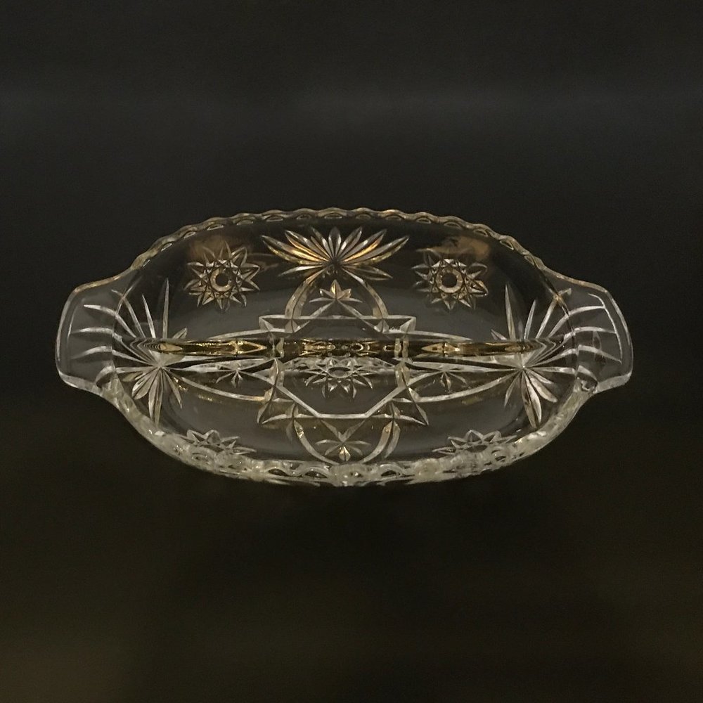 VTG Anchor Hocking Clear Prescut ( Star of David) pattern, divided relish dish